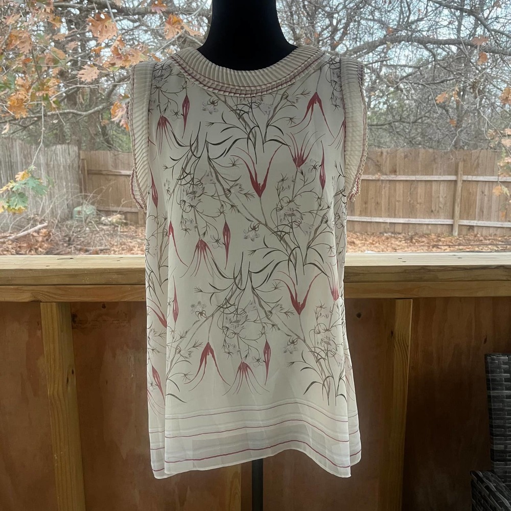 Max Studio Women's Cream Ruffled Sleeveless Floral Blouse Size M